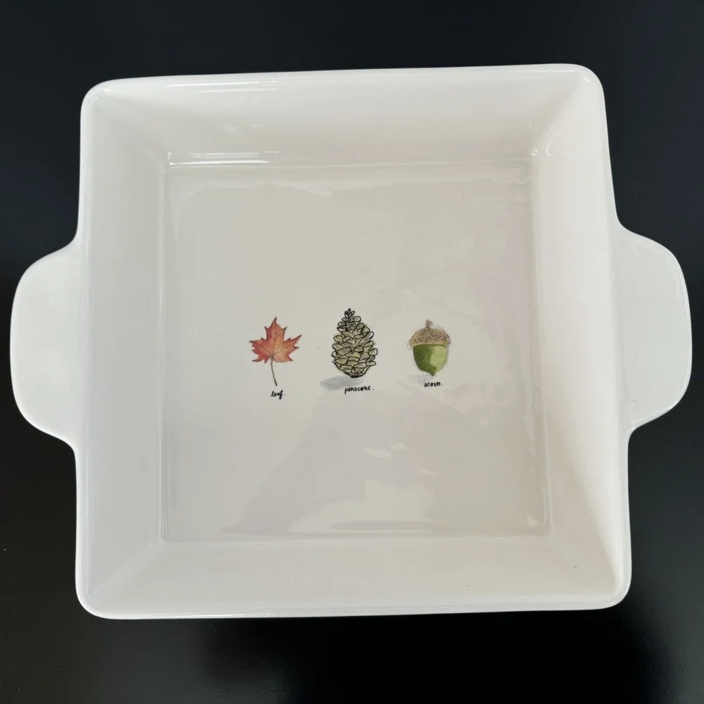 Rae Dunn Magenta Brownie Cake Baking Dish Ceramic Fall Acorn Leaf Pinecone